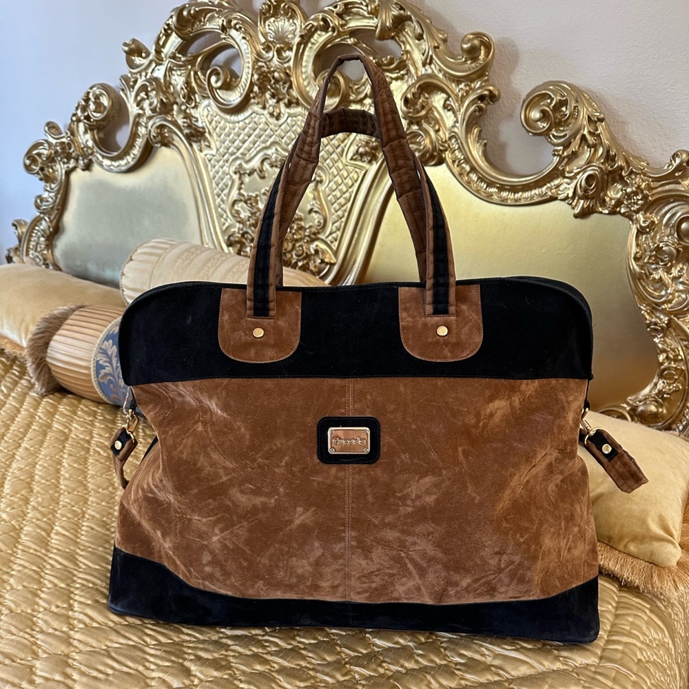 VINTAGE Travel bag large duffle bag RARE from Europe brown gold logo plaque